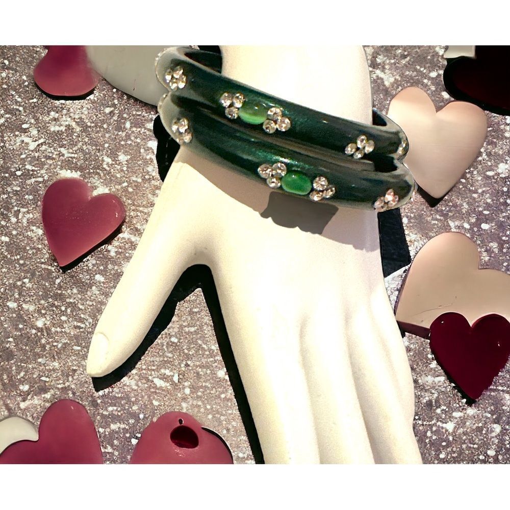 Pair of green metallic crystals and green moonstone wood bangle bracelets